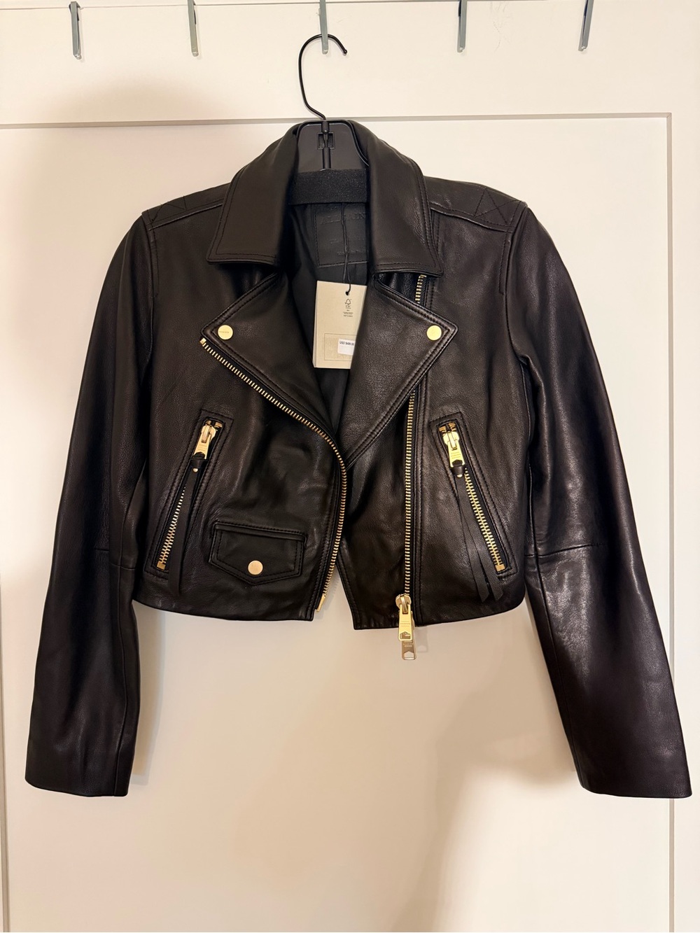 All Saints Black Cropped Real Leather Biker Jacket with Gold Hardware Authentic - Picture 5 of 5